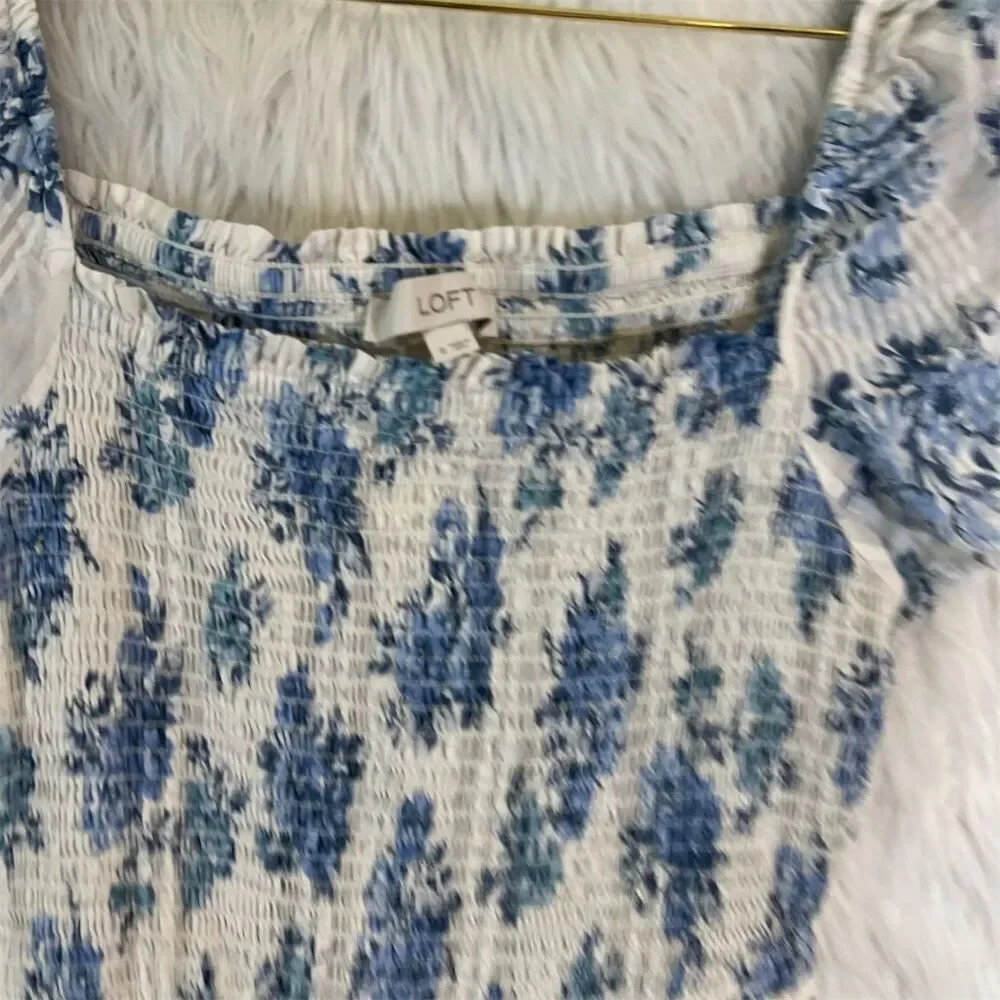 LOFT Women's Floral Puff Sleeve Midi Dress Blue Size small Casual Spring